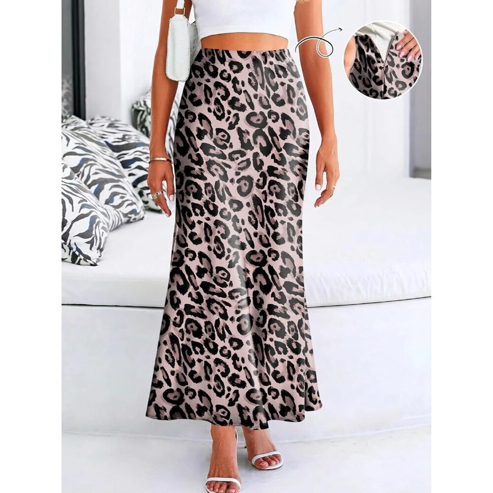 Women Leopard Maxi Dressy Casual Zipped High Waisted Silk Elegant Long Skirt - Picture 2 of 7